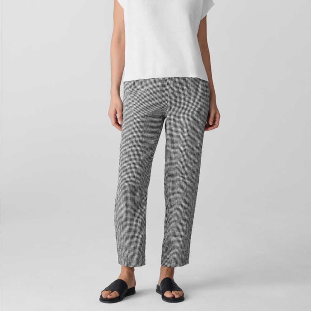 Eileen Fisher Puckered Organic Linen Tapered Ankle Pants Checkered Size XL